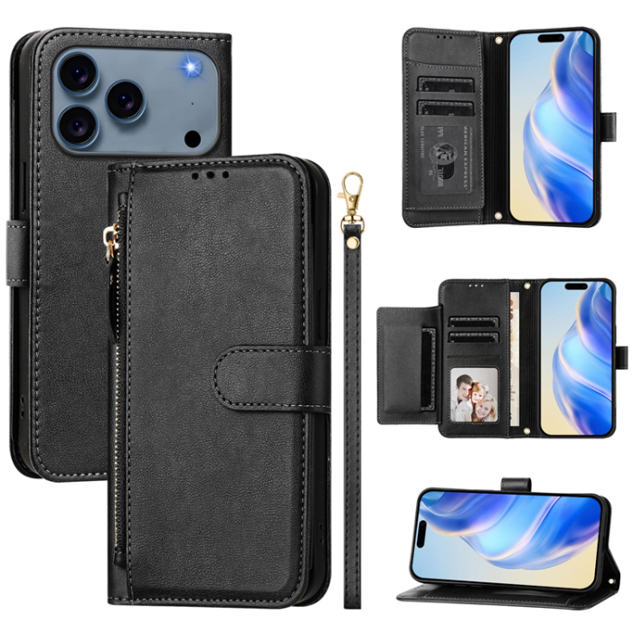 A-One Brand - iPhone 17 Pro Plånboksfodral Zipper Pocket Läder - Svart