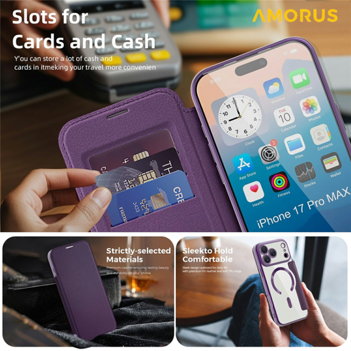 Amorus - AMORUS iPhone 17 Pro Plånboksfodral MagSafe RFID - Mörklila