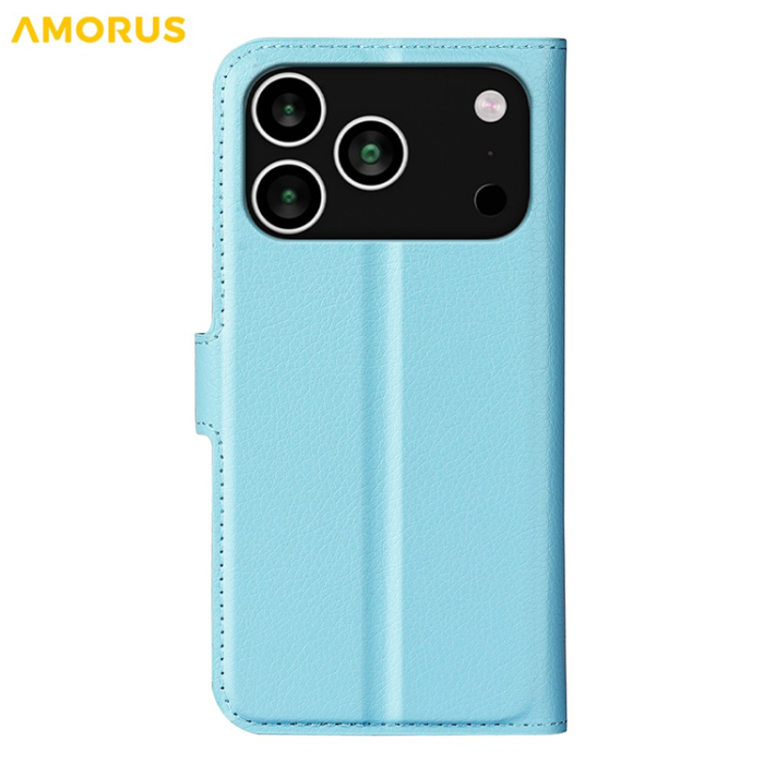 Amorus - AMORUS iPhone 17 Pro Konstläder Plånboksfodral Flipstativ Litchi - Blå