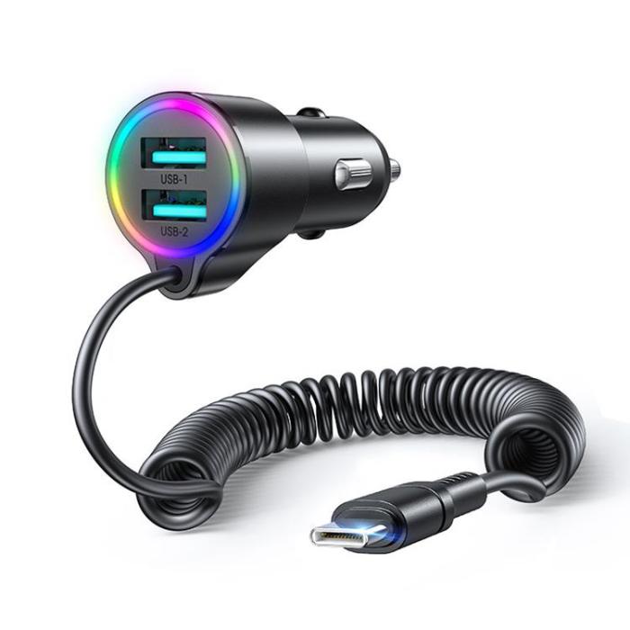 Joyroom - Joyroom 3in1 Billaddare 2x USB Till USB-C Kabel 1.5m 17W - Svart
