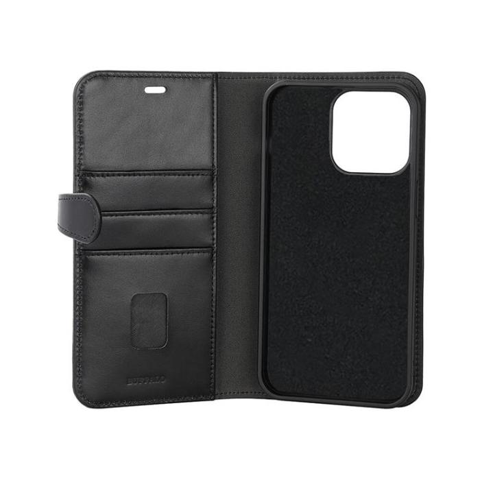 BUFFALO - BUFFALO äkta läder iPhone 15 Pro Max Plånboksfodral Magsafe 3 Slots - Svart
