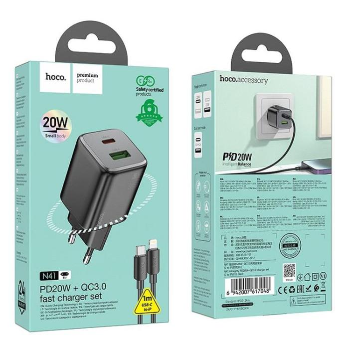 Hoco - Hoco Väggladdare 1xUSB-C 1xUSB-A 20W + Lightning Kabel N41 - Svart