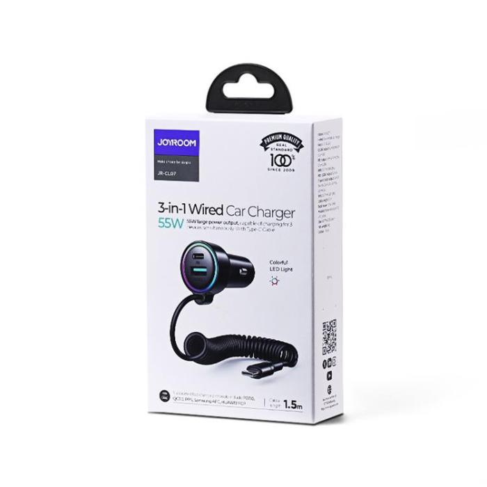 Joyroom - Joyroom 3-i-1 Snabb Billaddare 45W med USB-C Kabel 1.5m - Svart