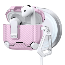A-One Brand - AirPods 4 Skal Magsafe Carbon Fiber med Karbinhake - Vit/Rosa