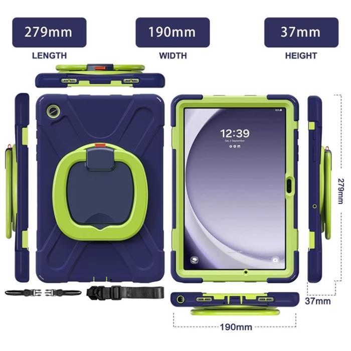 A-One Brand - Galaxy Tab A9 Plus Skal Kickstand Handle Grip - Marinblå / Gulgrön