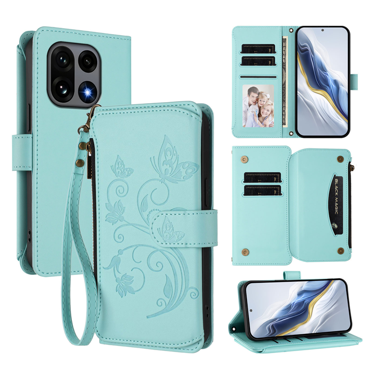 OnePlus 15 Konstläder Plånboksfodral Butterfly Floral Imprint Zipper (Mintgrön) | 2353 | AlltMobil
