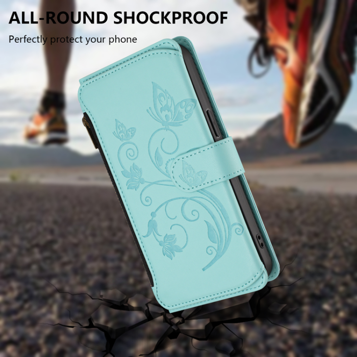 A-One Brand - iPhone 17 Pro Plånboksfodral Butterfly Floral Imprint - Mintgrön