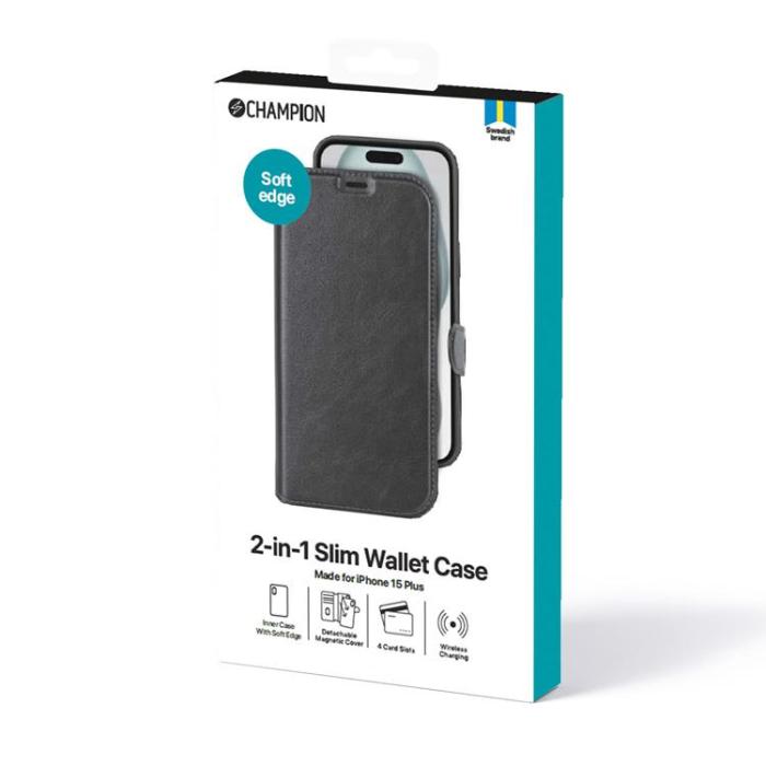 Champion - Celly iPhone 15 Plus Plånboksfodral 2-in-1 Slim - Svart