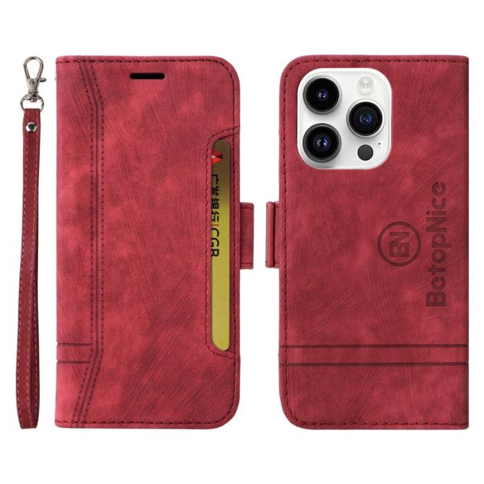 BETOPNICE - BETOPNICE 001 iPhone 15 Pro Plånboksfodral Multifunktionellt Konstläder - Röd