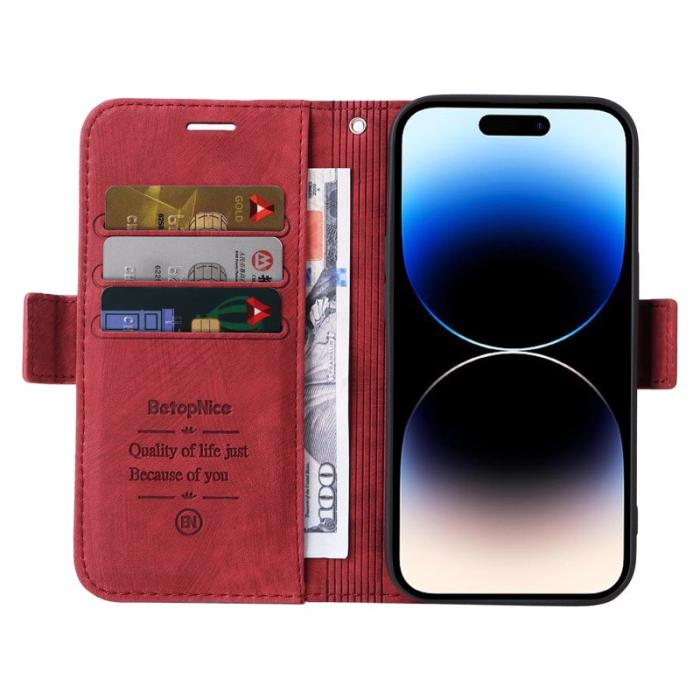 BETOPNICE - BETOPNICE 001 iPhone 15 Pro Plånboksfodral Multifunktionellt Konstläder - Röd