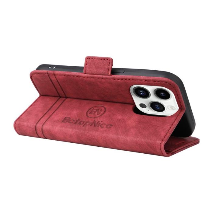 BETOPNICE - BETOPNICE 001 iPhone 15 Pro Plånboksfodral Multifunktionellt Konstläder - Röd