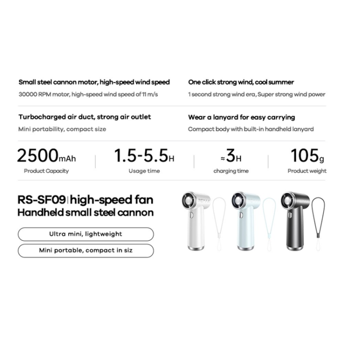 Remax - Remax Handhållen Fläkt RS-SF09 2500mAH med Lanyard - Blå
