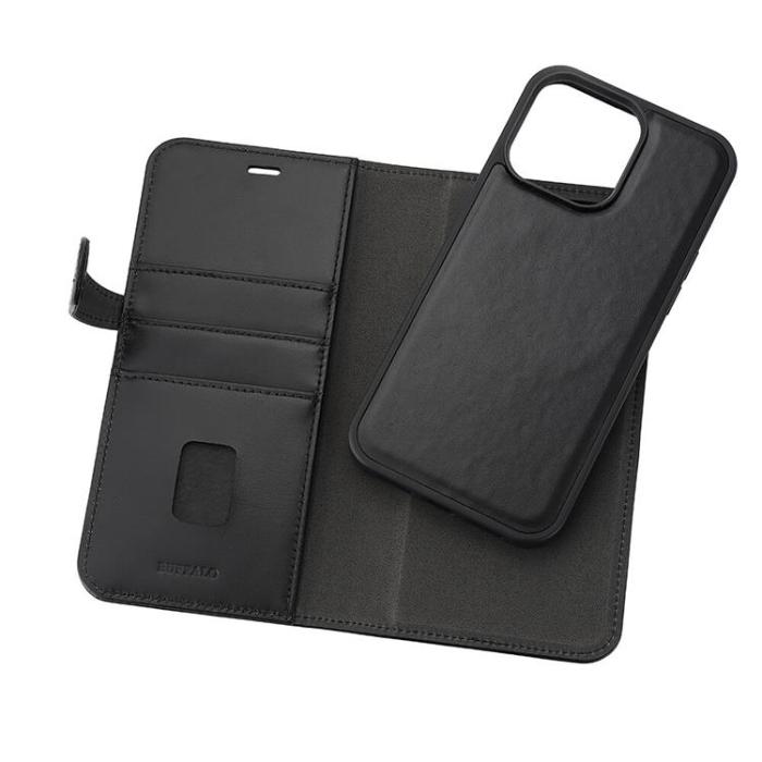 BUFFALO - BUFFALO äkta läder iPhone 15 Pro Max Plånboksfodral Magsafe 3 Slots - Svart