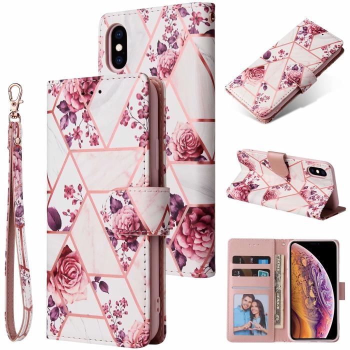 A-One Brand - Marble Grid Plånboksfodral iPhone X/Xs - Rosor