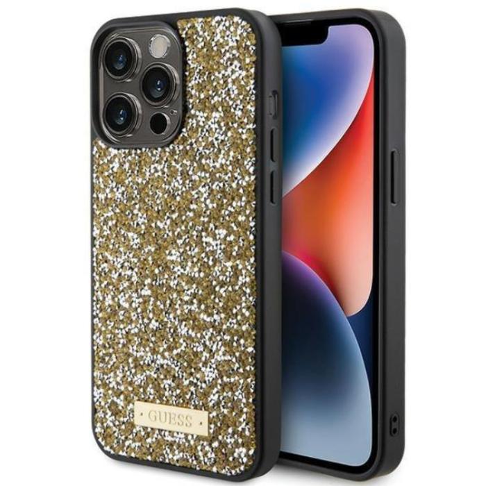 Guess - Guess iPhone 15 Pro Max Mobilskal Rhinestone Metal Logo - Gul