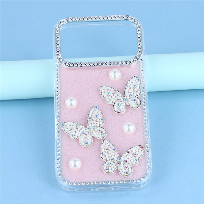 A-One Brand - iPhone 17 Pro Max Mobilskal Rhinestone Edge Pearl Butterfly