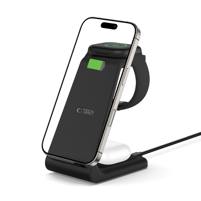 Tech-Protect - Tech-Protect 3-in-1 Trådlös Laddare iPhone, Apple Watch, AirPods - Svart
