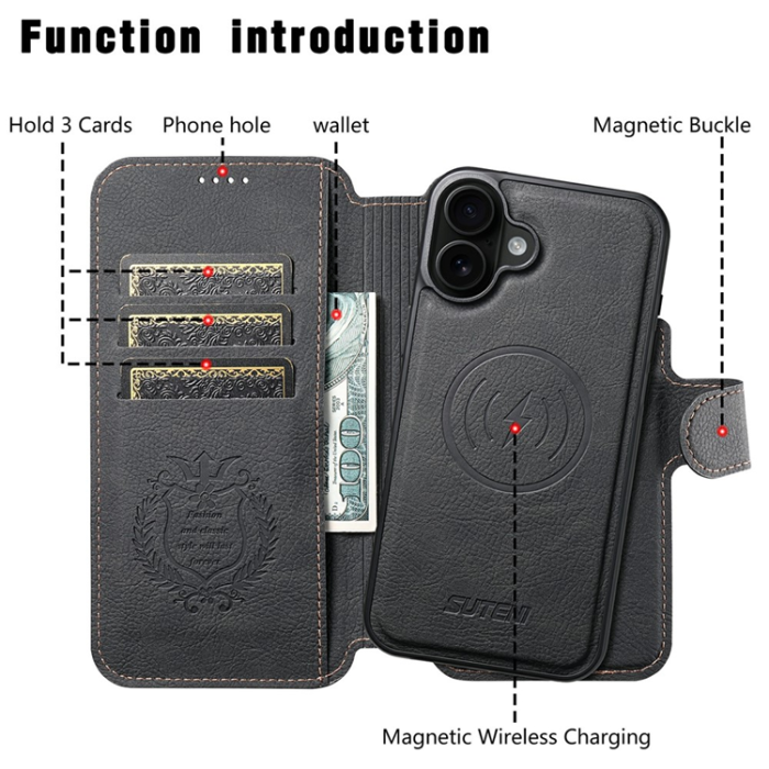 SUTENI - SUTENI iPhone 17 Plånboksfodral Detachable Q-05 - Svart