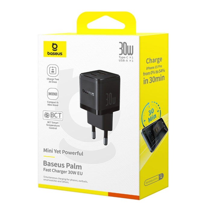 BASEUS - Baseus Snabbladdare USB-C - USB-A 30W Palm - Svart