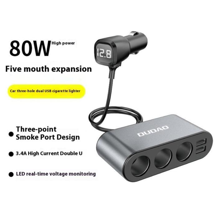 OEM - DUDAO R1Pro 80W Billaddare 2 USB-portar + 3 Cigarette Lighter Uttag