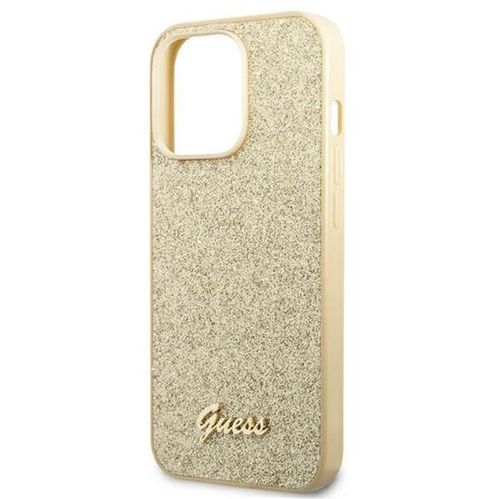 Guess - GUESS iPhone 14 Pro Skal Glitter Flakes Script Metal Logo - Guld