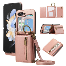 A-One Brand - Galaxy Z Flip7 Plånboksfodral Zipper Kickstand med Axelrem - Rosa Guld