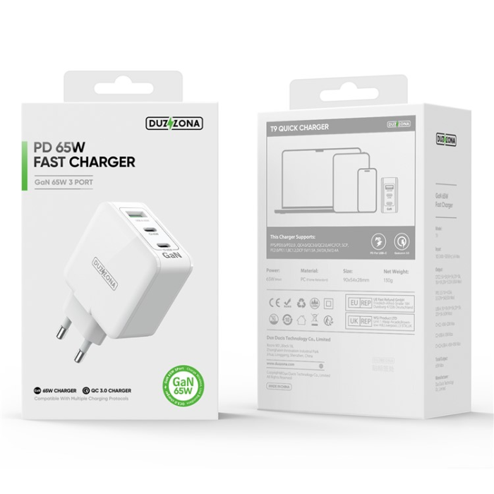 USAMS - DUZZONA GaN Snabbladdare 65W USB-A/2x USB-C EU T9 PD - Vit