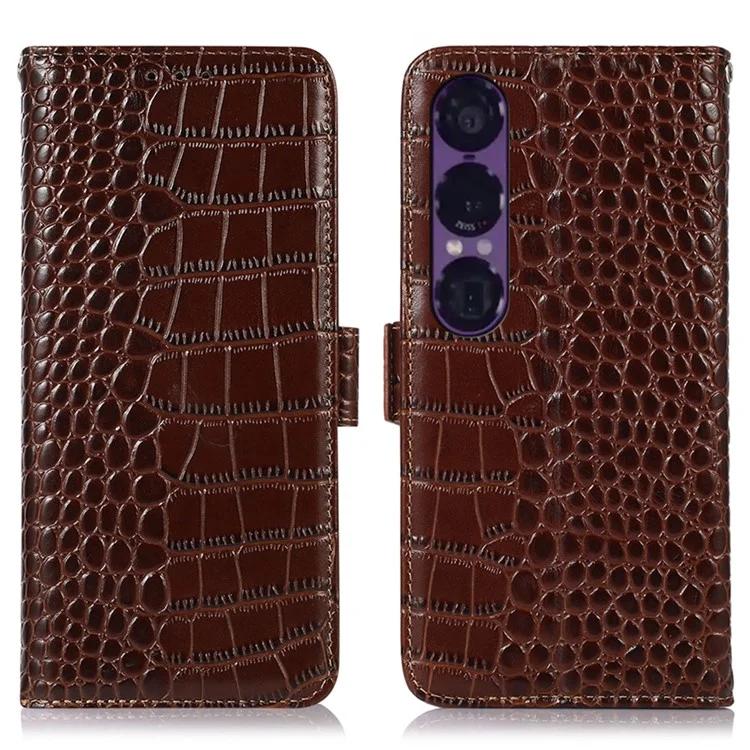 Sony Xperia 1 VII Äkta Läder Plånboksfodral Crocodile Texture - Brun | 2353 | AlltMobil