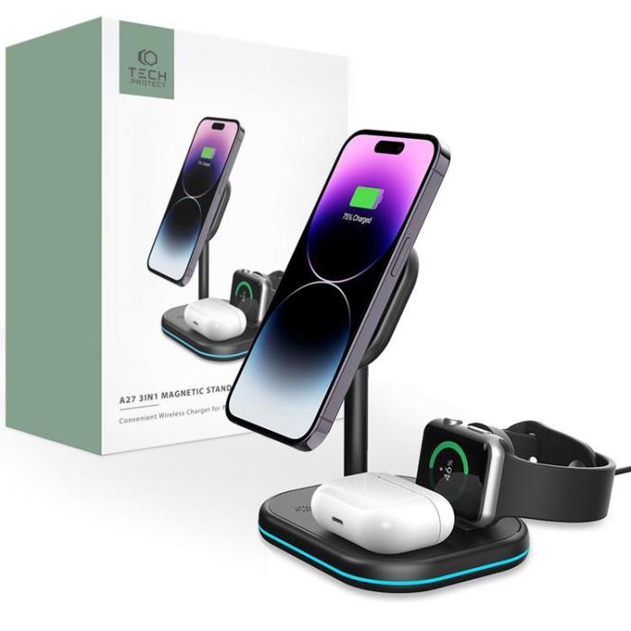 Tech-Protect - Tech-Protect 3-in-1 Trådlös Laddare Magsafe iPhone, Apple Watch, AirPods - Svart