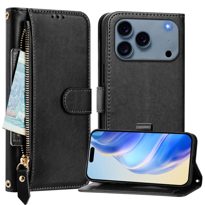 A-One Brand - iPhone 17 Pro Plånboksfodral Zipper Pocket Läder - Svart