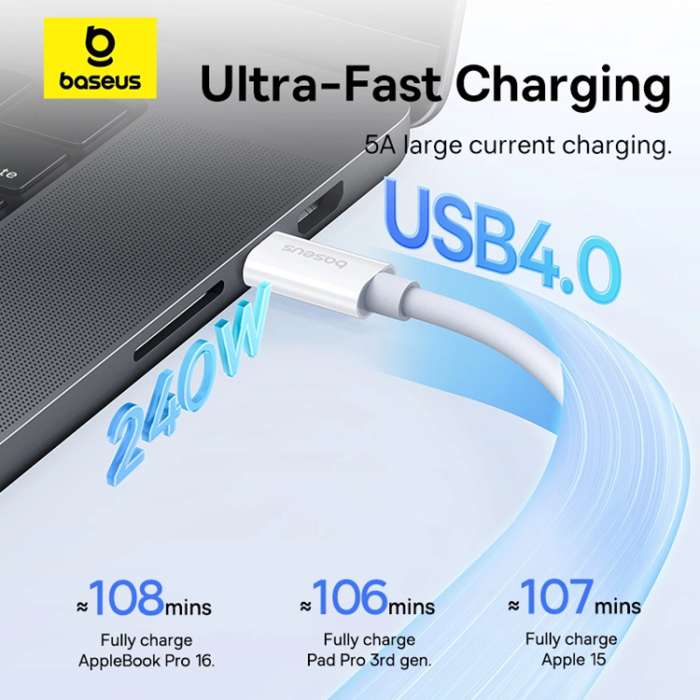 BASEUS - Baseus USB-C till USB-C kabel 240W PD 8K 60Hz 1m - Vit