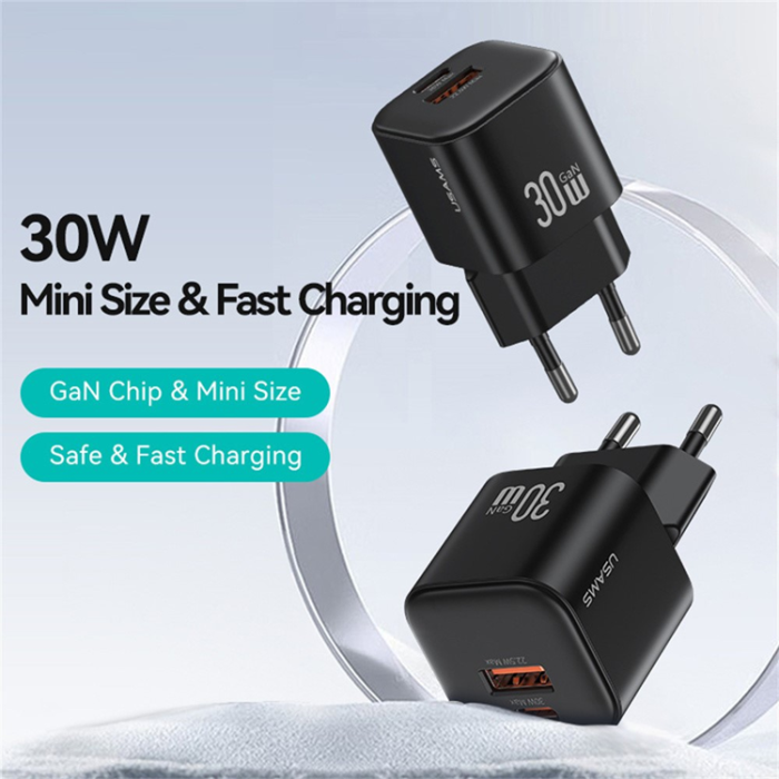 USAMS - USAMS GaN Snabbladdare USB-A - USB-C 30W CC263 Mini - Svart