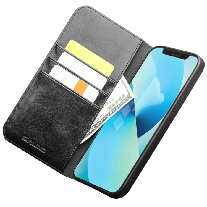 QIALINO - Qialino iPhone 13 Mini Plånboksfodral Cowhide Läder - Svart