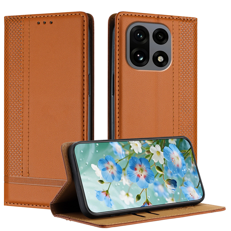 OnePlus 15 Plånboksfodral L-Shaped Grid Pattern Konstläder (Brun) | 2353 | AlltMobil