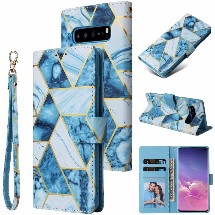 A-One Brand - Marble Grid Plånboksfodral till Galaxy S10 Plus - Blå