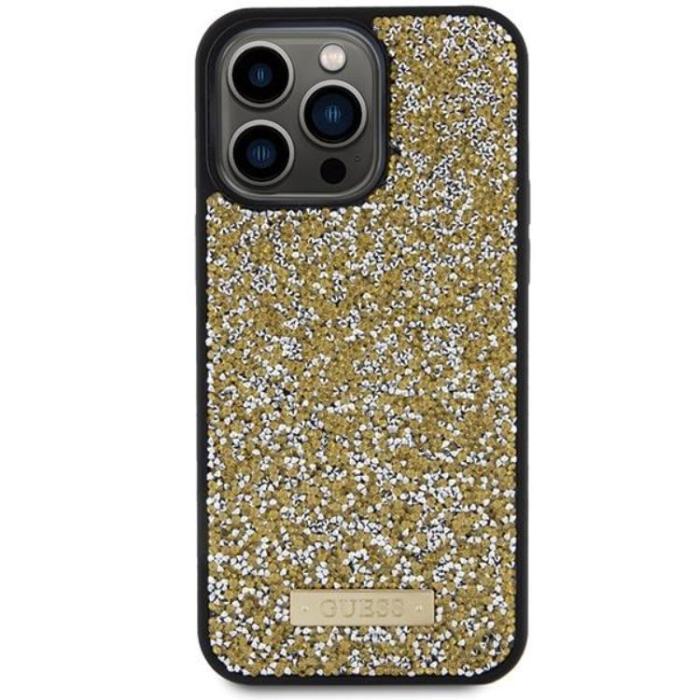 Guess - Guess iPhone 15 Pro Max Mobilskal Rhinestone Metal Logo - Gul