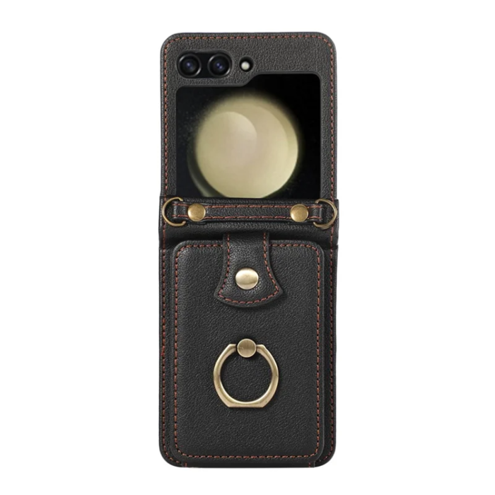 A-One Brand - Galaxy Z Flip7 Plånboksfodral Ring Kickstand med Lång rem - Svart