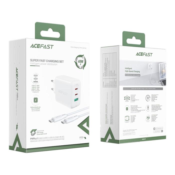 Acefast - Acefast 2in1 Väggladdare 2x USB-C Till USB 65W Kabel - Vit