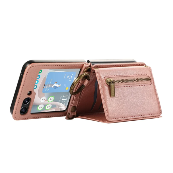 A-One Brand - Galaxy Z Flip7 Plånboksfodral Zipper Kickstand med Axelrem - Rosa Guld