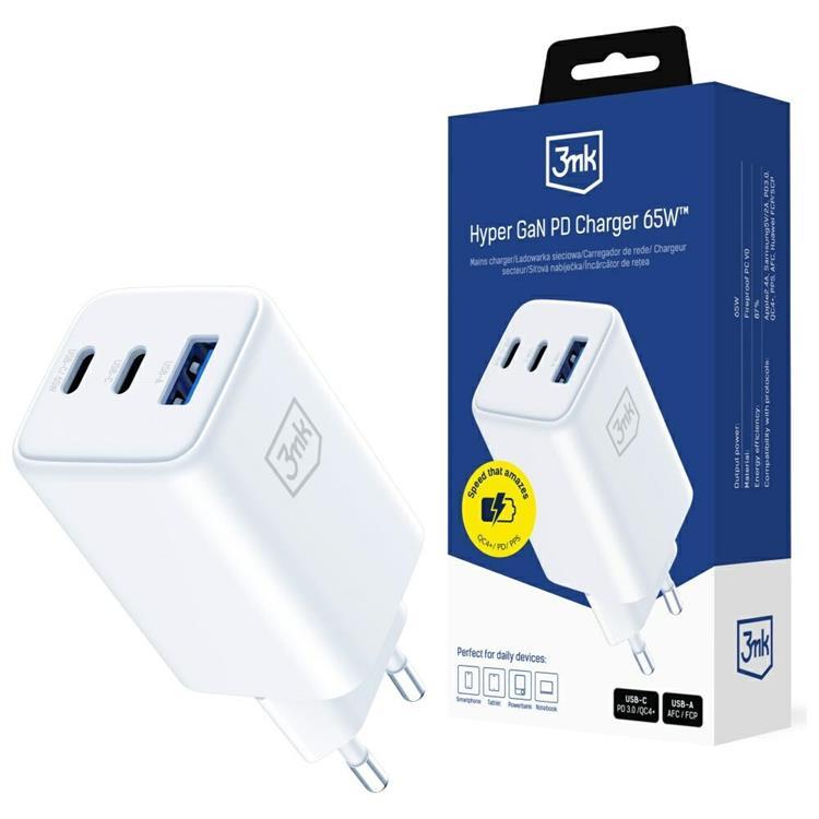 3MK Snabbladdare 65W 1xUSB-A 2xUSB-C PD QC4+ Hyper GaN | 505295 | AlltMobil