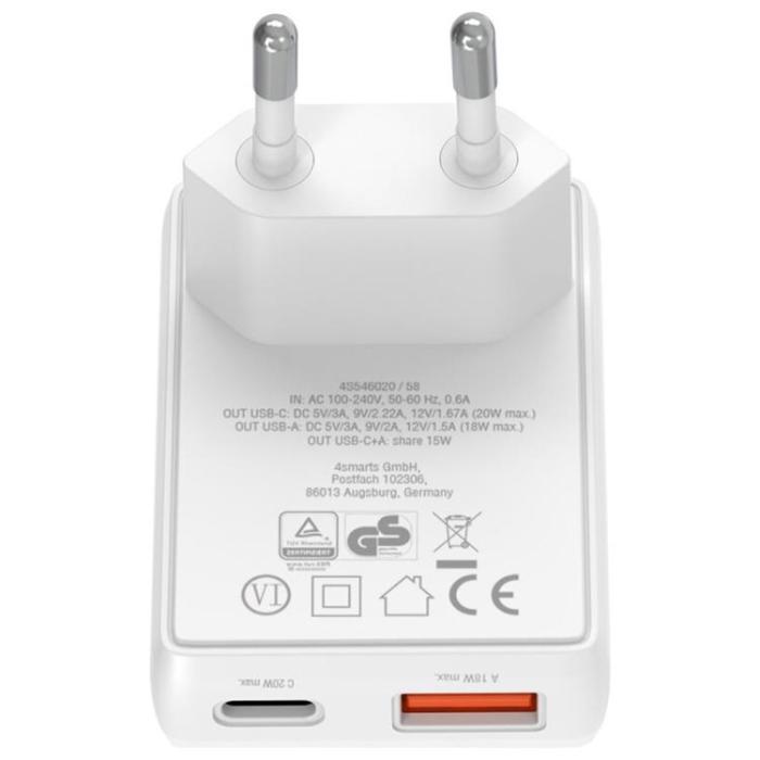 4smarts - 4smarts Snabbladdare 20W 1xUSB-C 1xUSB-A GaN FlatPlug Duos - Vit