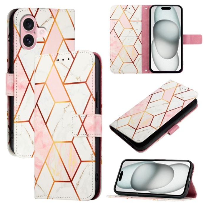 A-One Brand - iPhone 16 Plus Plånboksfodral Marble Pattern med Rem LS002