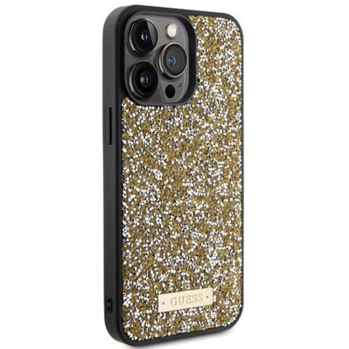 Guess - Guess iPhone 15 Pro Max Mobilskal Rhinestone Metal Logo - Gul