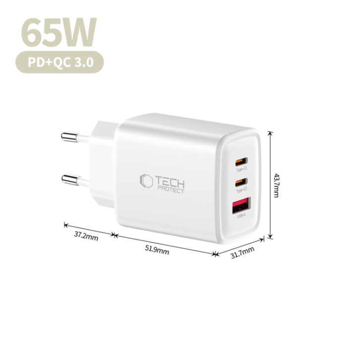 Tech-Protect - Tech-Protect 3-Port Snabbladdare PD 65W QC3.0 NCA65W-GAN