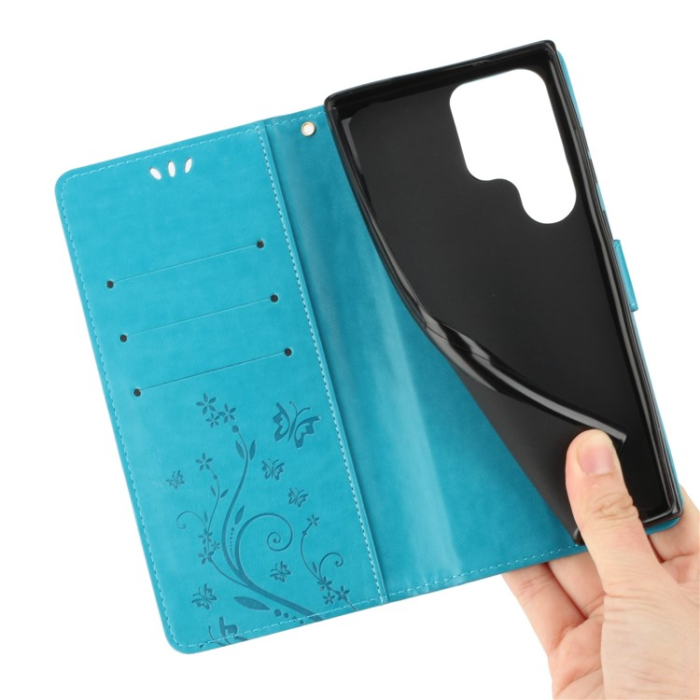 A-One Brand - Galaxy S23 Ultra Plånboksfodral Imprinting Flower Butterfly - Blå