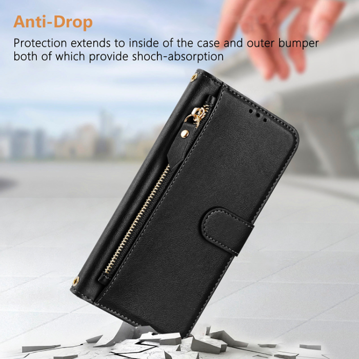 A-One Brand - iPhone 16 Pro Max Plånboksfodral Zipper Pocket Läder - Svart