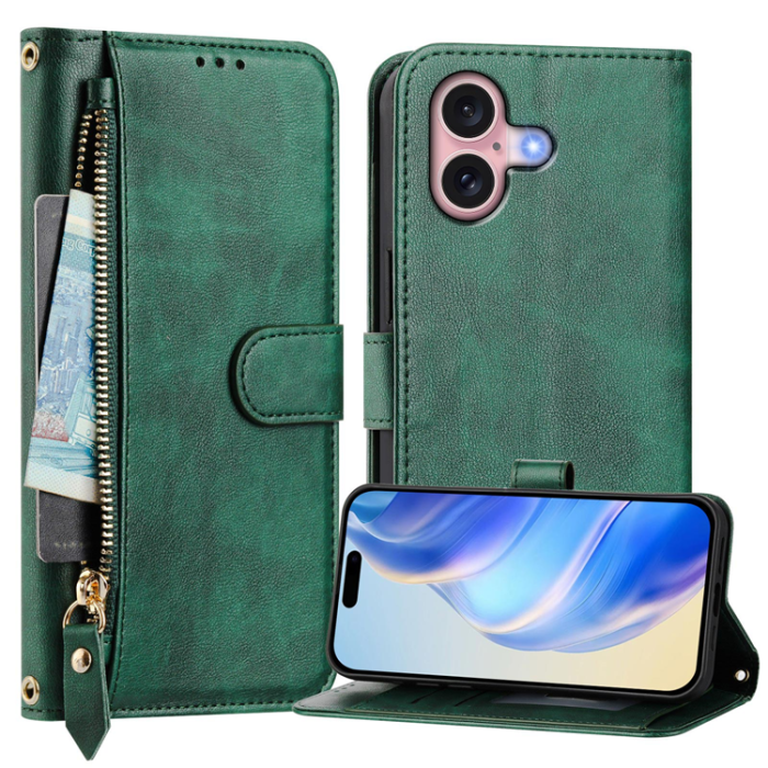 A-One Brand - iPhone 16 Plus Plånboksfodral Zipper Pocket Läder - Grön