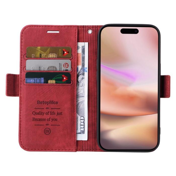 BETOPNICE - BETOPNICE 001 iPhone 16 Plus Plånboksfodral Ställ Card Slots Konstläder - Röd