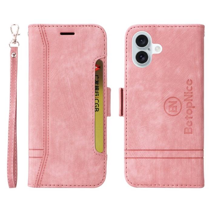 BETOPNICE - BETOPNICE 001 iPhone 16 Plus Plånboksfodral Ställ Card Slots Konstläder - Rosa