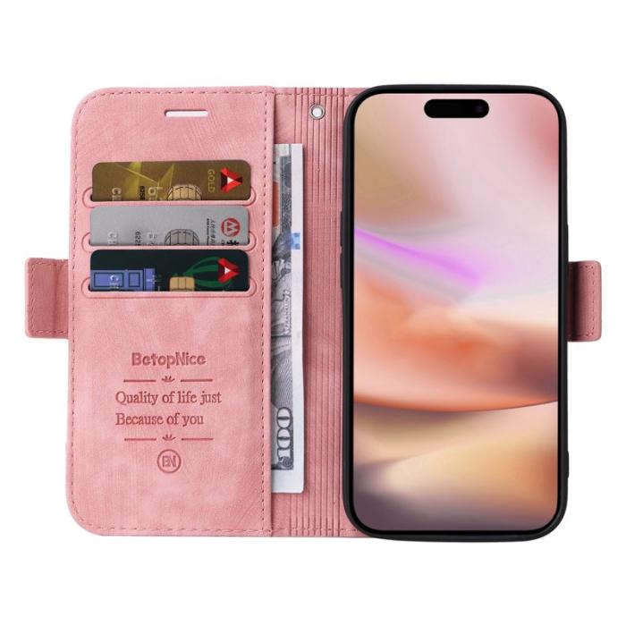 BETOPNICE - BETOPNICE 001 iPhone 16 Plus Plånboksfodral Ställ Card Slots Konstläder - Rosa